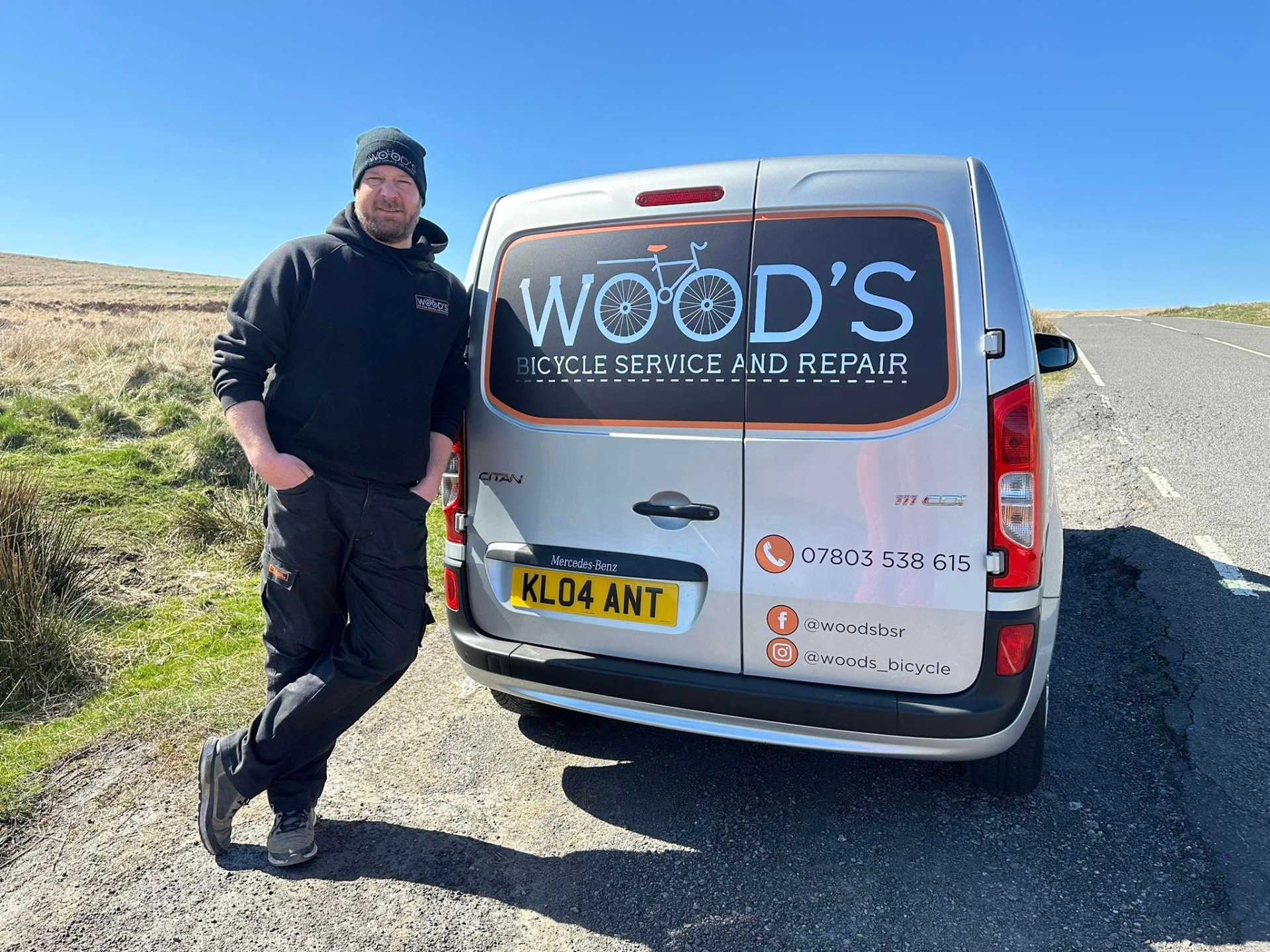 Matt Wood with the Wood's Bicycle Service & Repair van on the moors